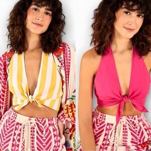 Farm Rio NWOT Stripe Halter Reversible Crop Top | Yellow Stripe & Pink | Size M